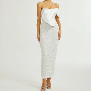 faux-pearl off-shoulder white midi dress